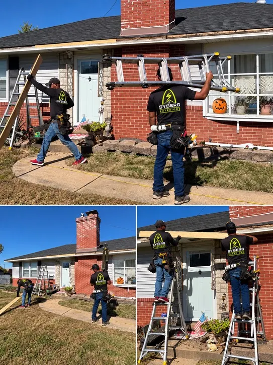 Crew working along the front roofline