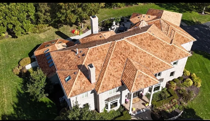 Aerial view of multi-slope architectural roof
