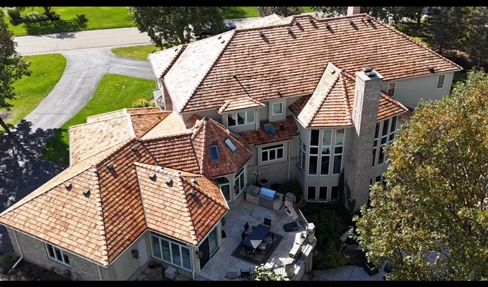 Aerial view of detailed roof planes and intersections
